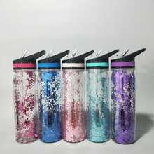 欧美外贸经典款式500ml双层吸管杯PC直身带闪粉塑料运动便携水壶