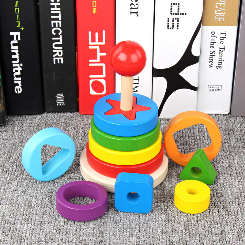Fabricante directo para niños de madera Hanuo Tower arcoíris pliegue collar de música emparejamiento de bloques de color juguetes cognitivos