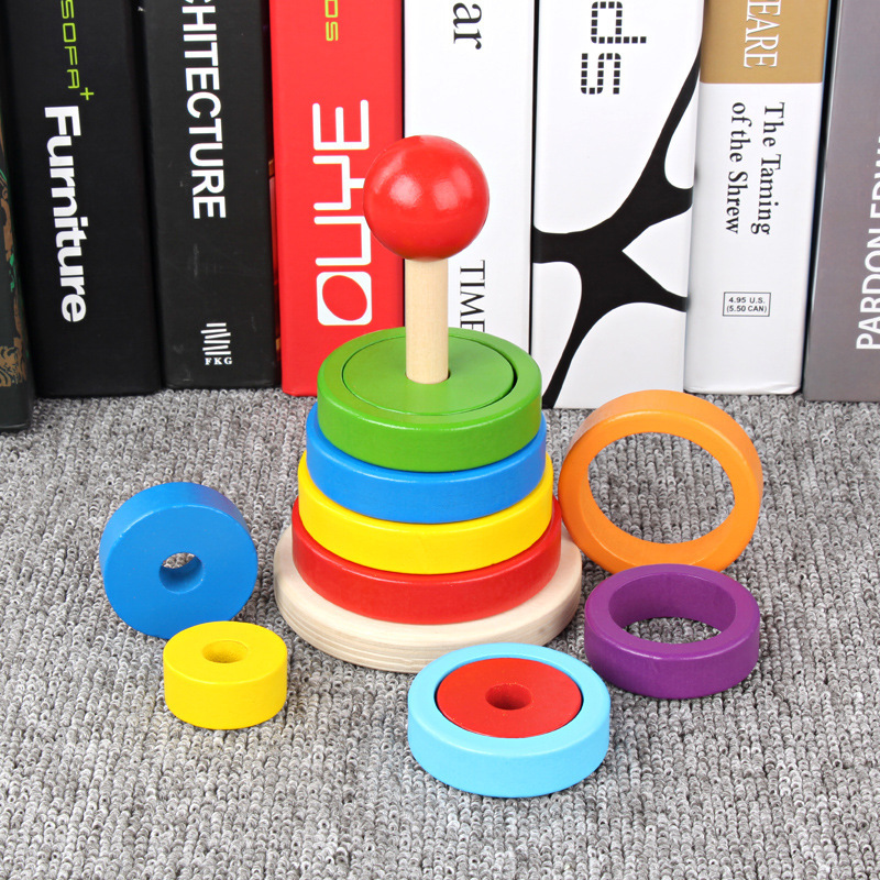 Fabricante directo para niños de madera Hanuo Tower arcoíris pliegue collar de música emparejamiento de bloques de color juguetes cognitivos
