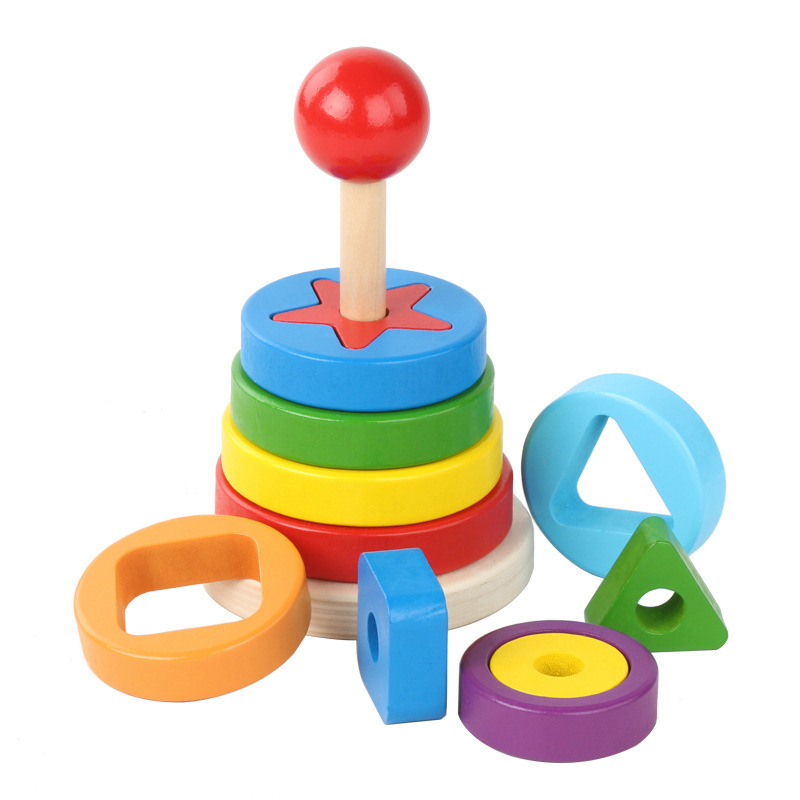 Fabricante directo para niños de madera Hanuo Tower arcoíris pliegue collar de música emparejamiento de bloques de color juguetes cognitivos