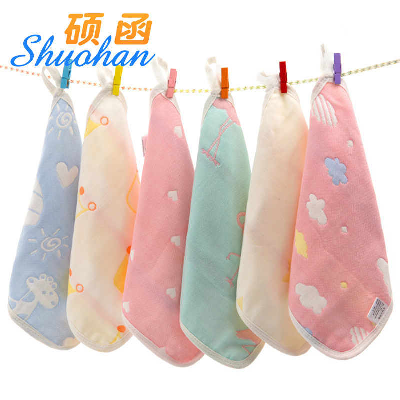 Pure Cotton Square Towel 25*25 Six-Layer Gauze Cotton Kidsren's Cartoon Hook Small Towel Kindergarten Saliva Towel
