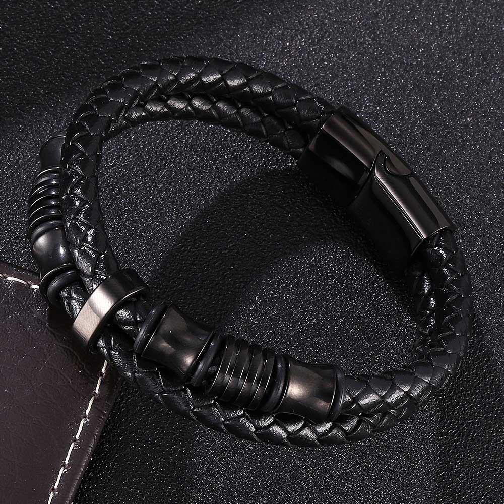 【Producto Popular】 Pulsera de Cuero Negro para Hombre, Doble Capa, Trenzada de Acero Inoxidable, Hecha a Mano, Multicapa image 2