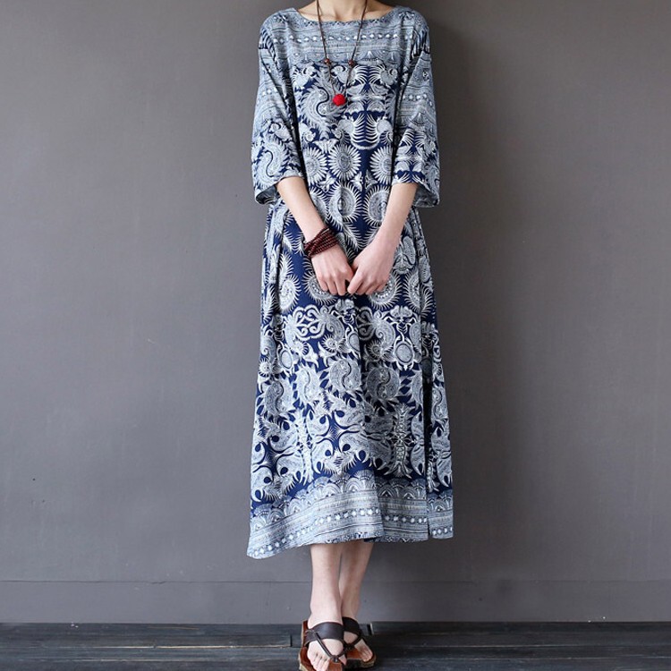 2023 New Ethnic Style Floral Plus-Size Dress, Comfortable, Elegant, Fashionable and Versatile Linen Retro Dress