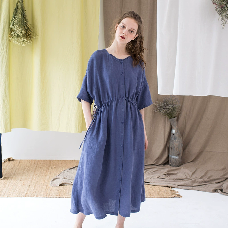 2020 летнее Новое Женское тонкое платье из хлопка и льна в стиле ретро с длинным рукавом, женское свободное дорожное платье с круглым воротником