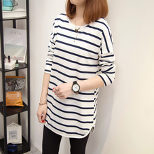春装2025新款宽松大码黑白条纹t恤女士长袖上衣秋衣中长款打底衫