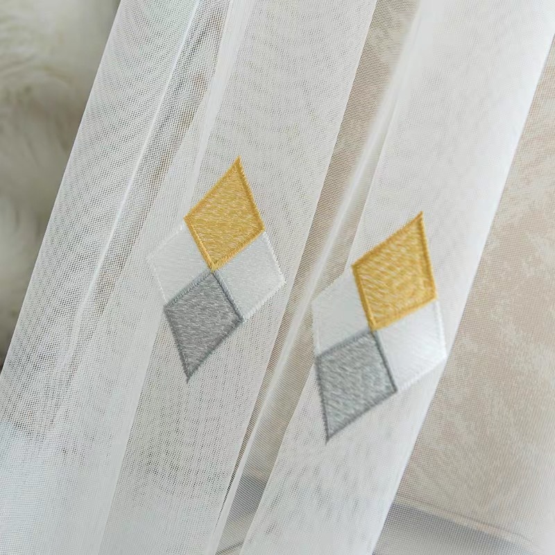 Embroidered White Sheer Nordic Curtains Finished Product Pastoral Princess Geometric Diamond Window Sheer for Bay Window Bedroom Pastoral Style