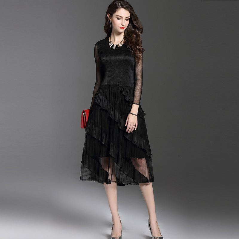 Cross-border popular evening dress ebay women's clothing 2023 spring and autumn pleated lace magic dress black lady dress