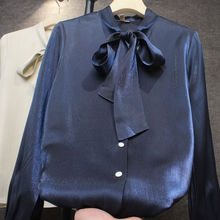 2025春装新款气质OL蝴蝶结衬衫女长袖缎面衬衣亮丝光面仿丝绸上衣