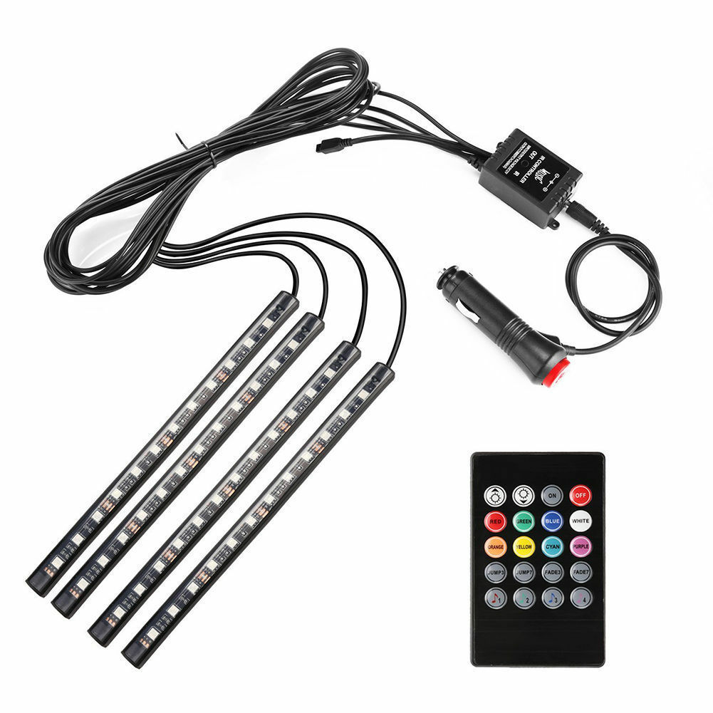 Coche LED lámpara de gas 12 luces colorido controlado por voz fregona cuatro 48SMD música con control remoto USB única atmósfera lámpara RGB