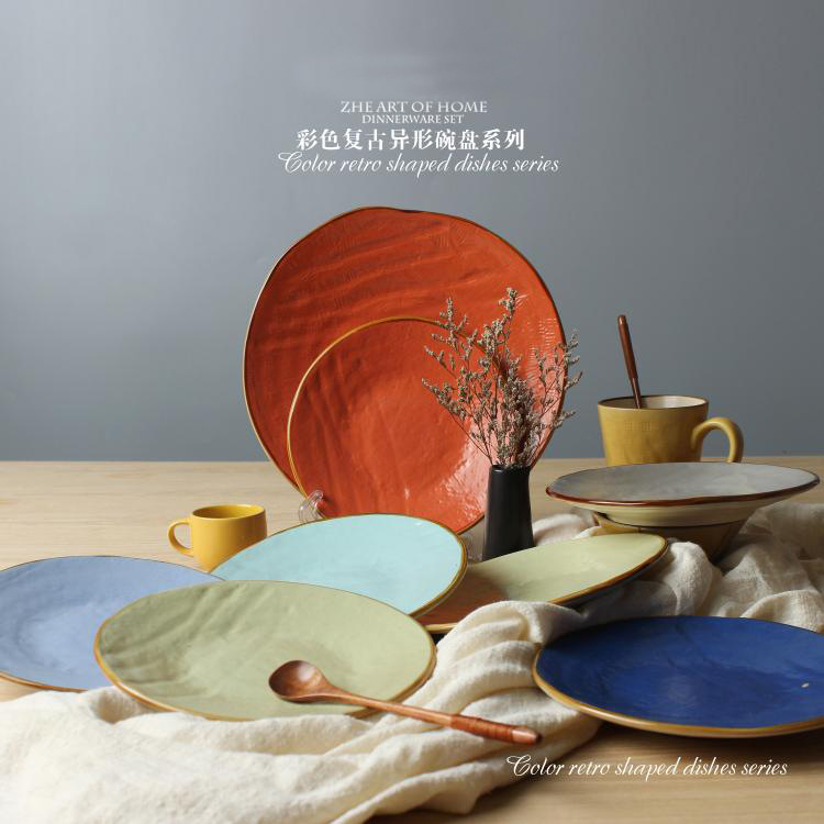 Cerámica creativa occidental retro vajilla moda europea y americana Placa de color hogar occidental comida tazón placa pareja taza