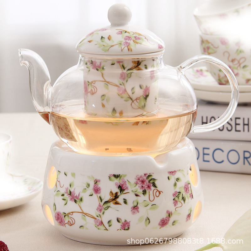 European Style Glass Fruit Tea Teapot English Afternoon Tea Candle Heating Flower Tea Set