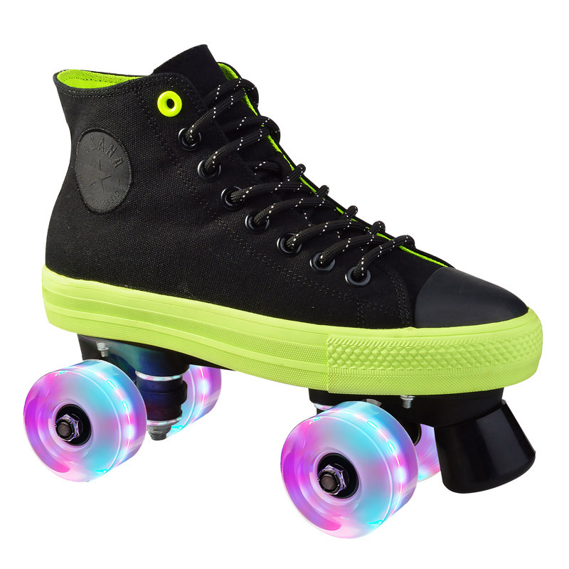 Double-Row Roller Skates for Men and Women, Mid-Low Canvas Four-Wheel Skates, Casual Breathable Non-Stuffy Roller Shoes