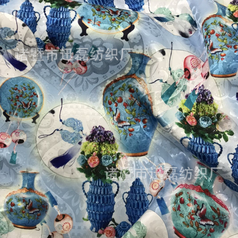 古风印花布料 青花瓷宝瓶花瓶印花提花 时装汉服布料面料