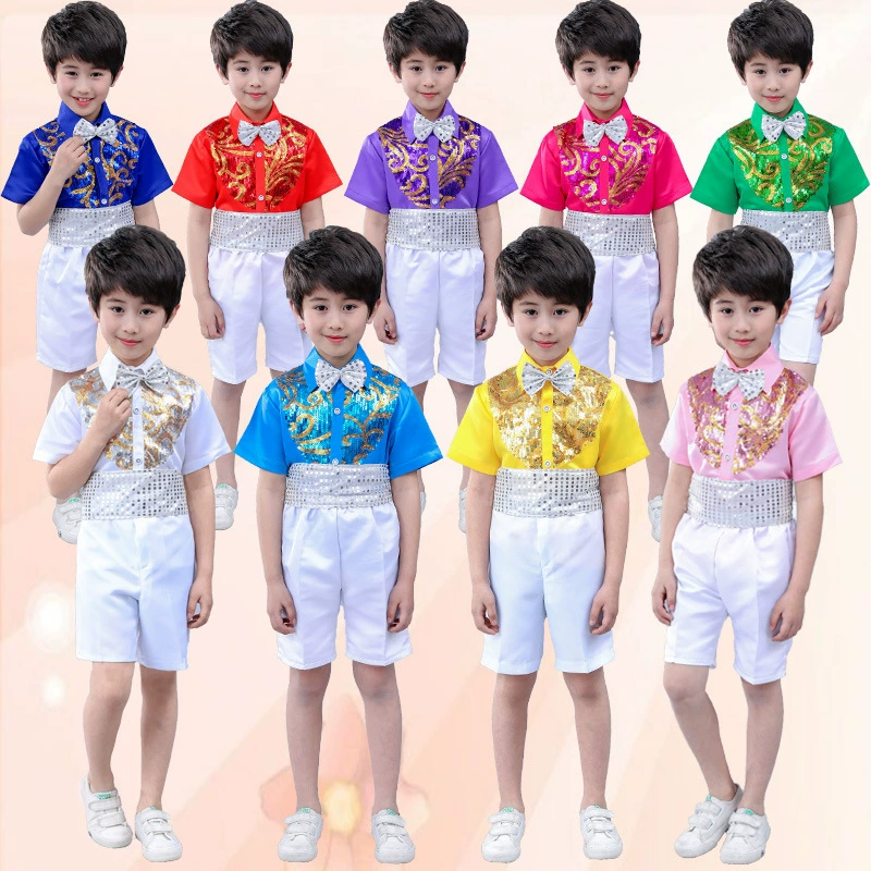 Детская одежда для выступлений на 1 июня, детское платье с цветочным принтом и пайетками для мальчиков, костюм для большого хора, детская одежда для выступлений с декламацией стихов