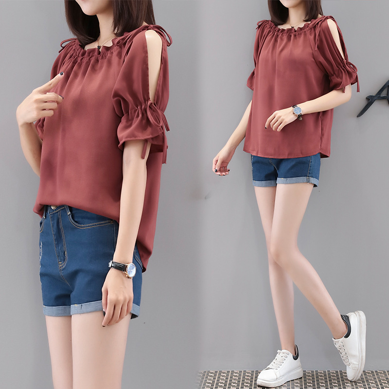 1688 Summer Clothes for Fat mm Plus Size Loose Chiffon Shirt for Women Korean Style Lace-Up Cut Out Belly-Covering Bottoming Top for Women 1688 Summer Clothes for Fat mm Plus Size Loose Chiffon Shirt for Women Korean Style Lace-Up Cut Out Belly-Covering Bottoming Top for Women