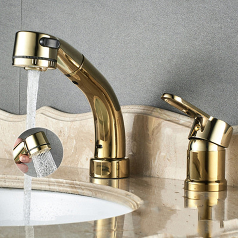Copper main body split lifting pull faucet rotatable cold double-hole three-hole Basin hot water mixing valve washbasin