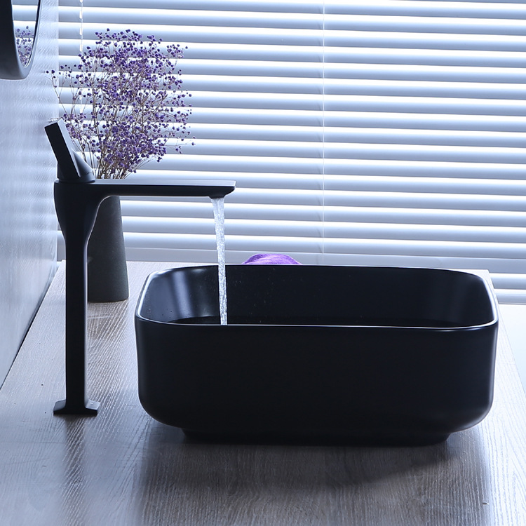 Hengying lavabo cuenca artística mate negro cuadrado cuenca redondeada Estilo nórdico cerámica borde fino Hotel casa image 2