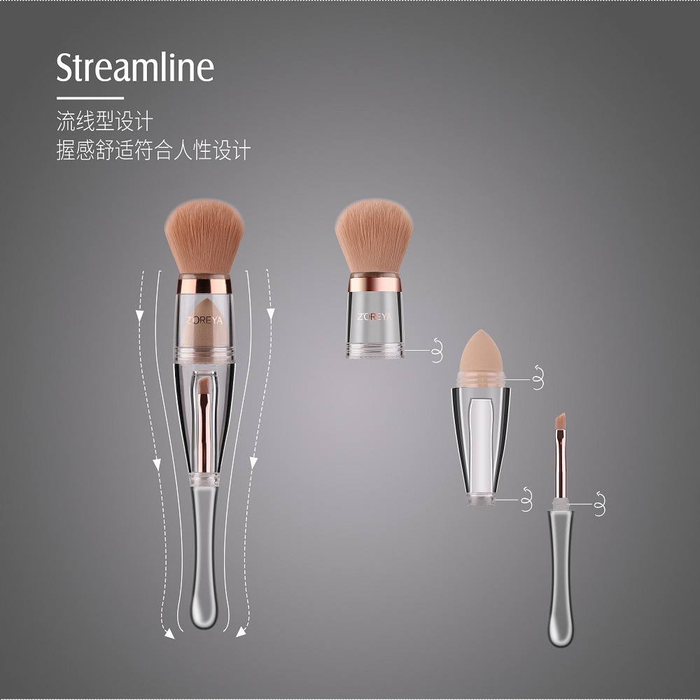 Fábrica de Zhuolia cepillo base personalizado 3 en 1 cepillo de maquillaje herramientas de maquillaje multifuncionales 4 en 1 cepillo de maquillaje