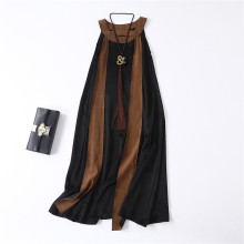 夏季原创女装背心长裙色丁撞色真丝民族风复古配首饰吊带连衣裙