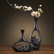 新中式山水镂空花瓶 禅意黑色手绘陶瓷花插 玄关客厅假花装饰摆件