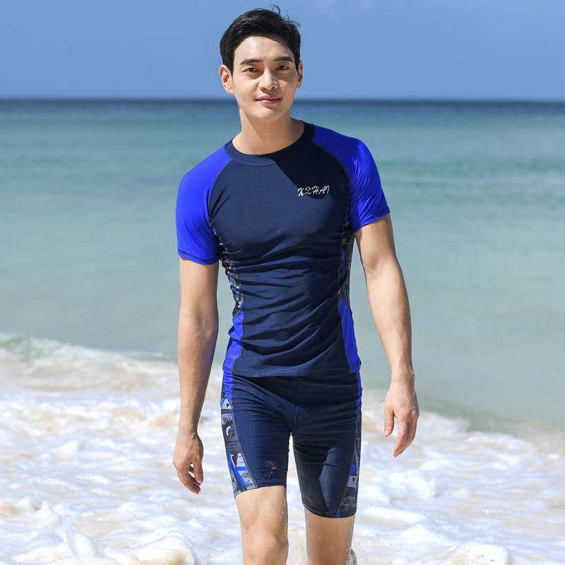 Men's Two-Piece Swimwear, Large Size, Adult Short-Sleeved Top, Five-Point Swim Trunks, Summer Youth Men's Swimwear Set