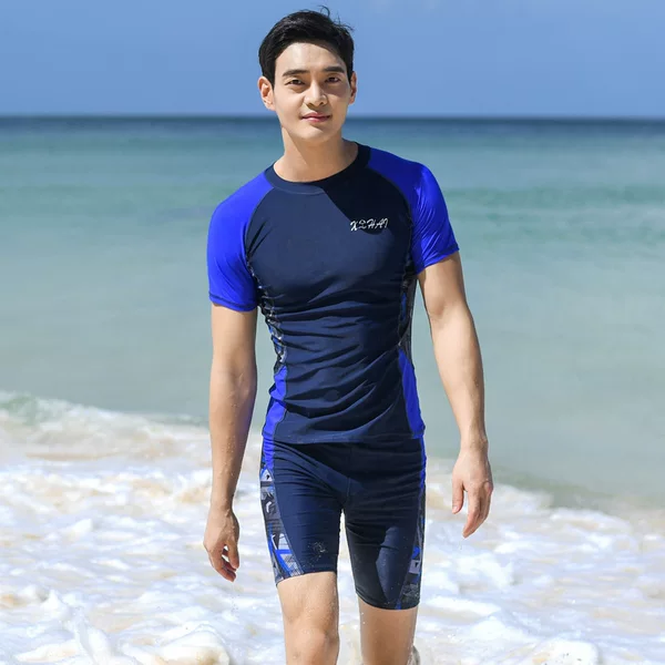 Men's Two-Piece Swimwear, Large Size, Adult Short-Sleeved Top, Five-Point Swim Trunks, Summer Youth Men's Swimwear Set