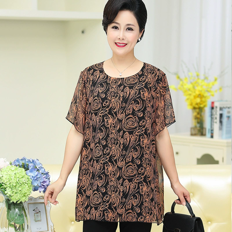 Новая летняя одежда для полных мам больших размеров 200 Цзинь, для женщин среднего и пожилого возраста, шифоновая рубашка, топ, футболка 905