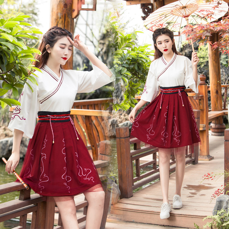 Hanfu Women's Adult Chinese Style Ancient Costume Daily Improvement Chinese Elements Hand-in-collar Waist-length Students Fresh and Elegant Skirt Class