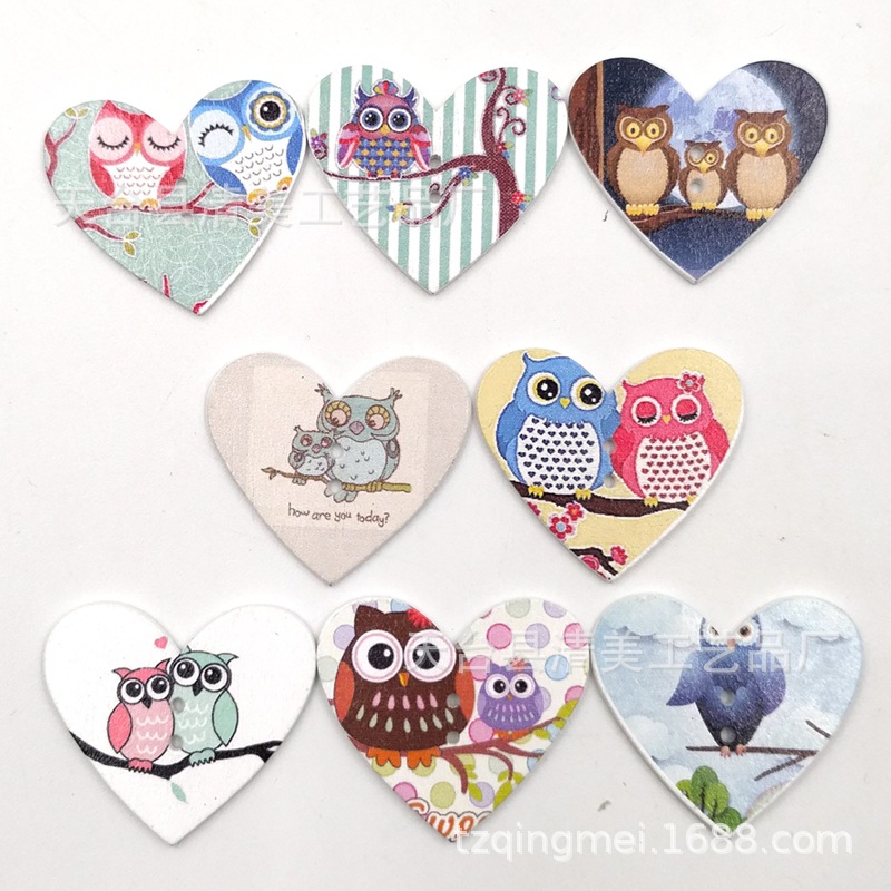 Bricolaje pintado madera búho melocotón corazón botón de madera hecho a mano de los niños botón pintura especial 50 unidades un paquete