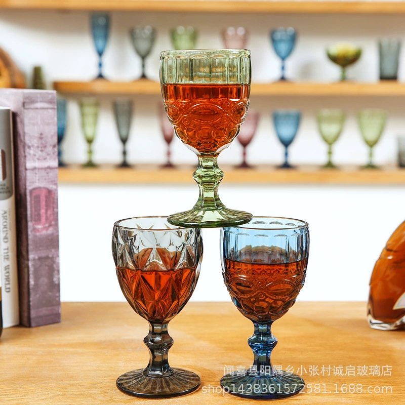Цветной стеклянный ретро-рельефный фруктовый сок чашка напиток утолщение воды чашка коктейль высокий бокал для вина с узором через границу
