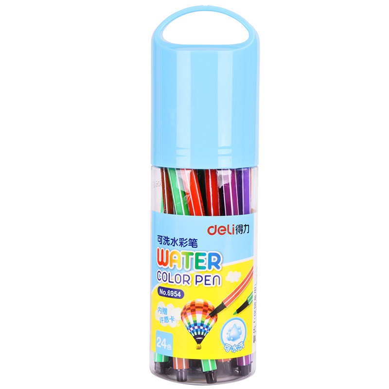 Deli 6954 pluma de acuarela lavable estudiante de escuela primaria pintura arte 24-color deseando botella barril con tarjeta de deseo adicional