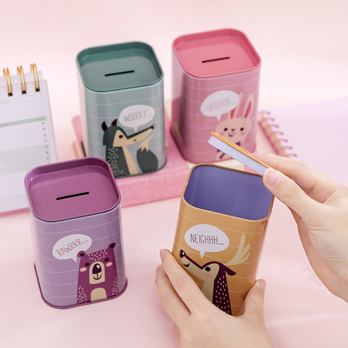 Korean style square metal tinplate piggy bank British style piggy bank cartoon animal storage tank piggy bank