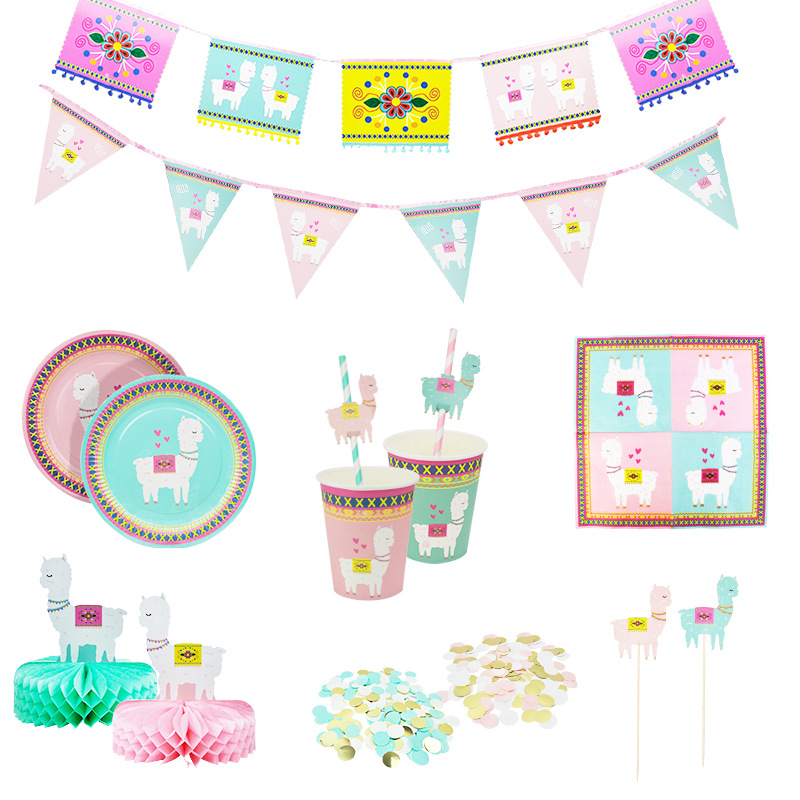 Cute Cartoon Alpaca Birthday Party Children's Decorative Arrangement Disposable Tableware Set Paper Cup Paper Plate Paper Towel
