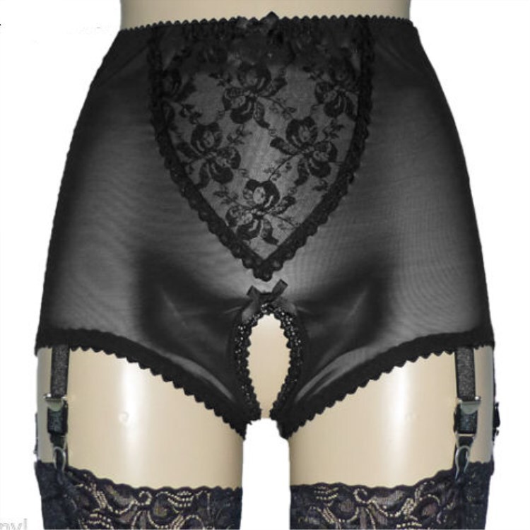 Garter Belt Europe and the United States Retro Transparent Foreign Trade Sexy Women's Mesh Lace Shorts Open 6-claw Sling