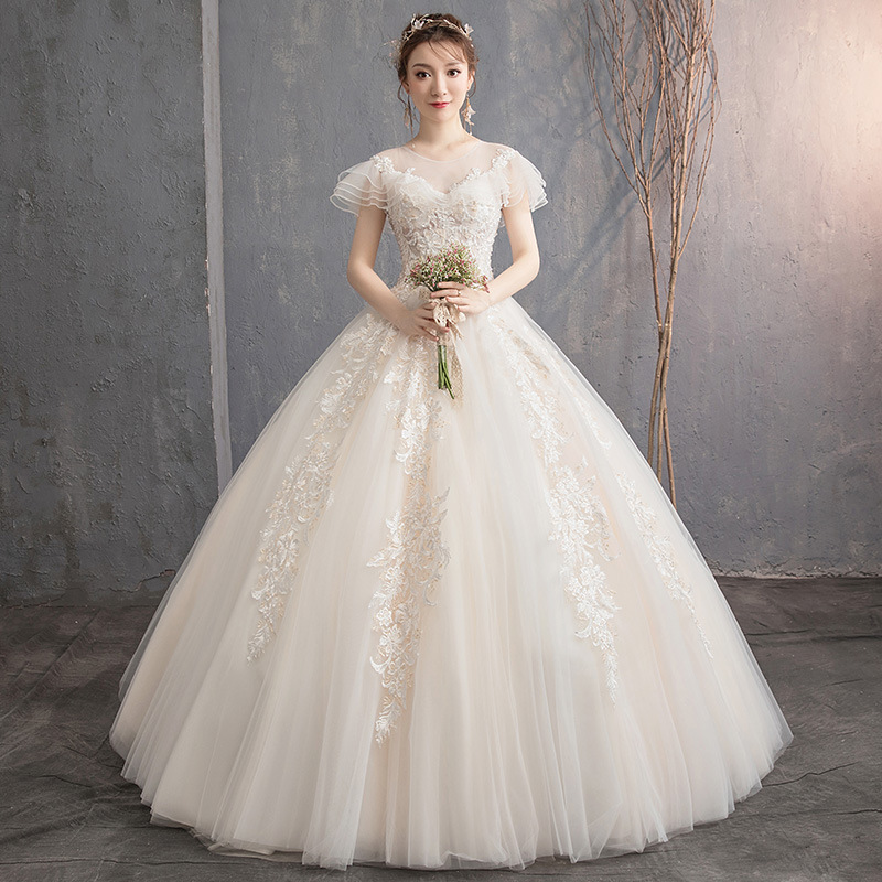 Luz principal vestido de novia 2024 nuevo nupcial francés industria pesada Hepburn piso-longitud pequeño simple fuera del hombro hadas mujeres