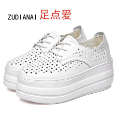 2023新款頭層牛皮鏤空洞洞涼鞋厚底松糕鞋女圓頭防水台淺口