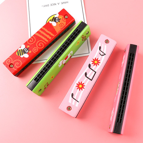 Double-row sixteen-hole children's wooden painted harmonica creative enlightenment early education toy musical instrument new and unique parent-child teaching aids