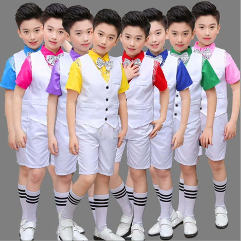 Детский костюм для хора 1 июня Платье с пайетками для мальчика, костюм-жилет, детские штаны на подтяжках, костюм для чтения выступлений