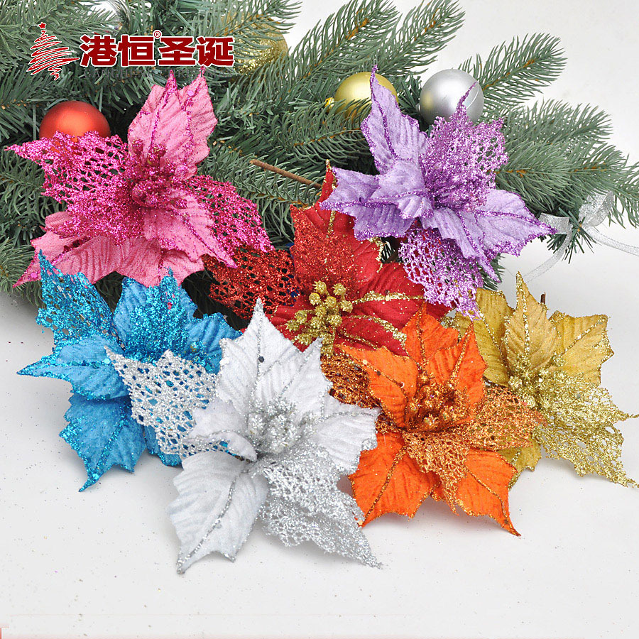 Adorno de flores artificiales de doble capa con adhesivo hueco, flor de 16 cm, árbol de Navidad, adornos de Navidad, decoración navideña