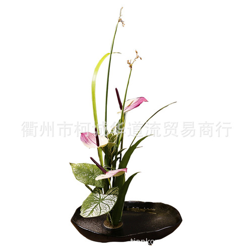 Japanese flower arrangement flower arrangement Ohara-ryu ikebana Chinese flower arrangement creative black Zen ceramic flower pot hydroponic flower tray