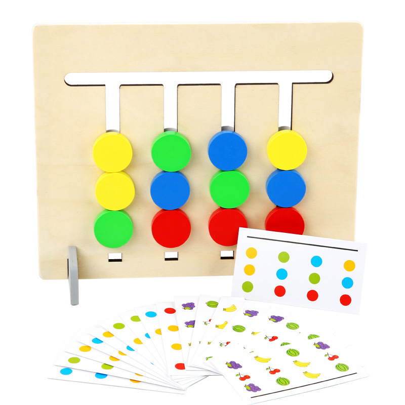 Juego de lógica de fruta y animal de cuatro colores 0.3 de doble cara de madera, material de ilustración Montessori, juguete educativo para niños