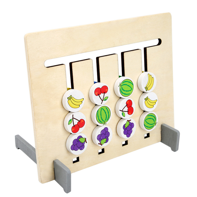 Juego de lógica de fruta y animal de cuatro colores 0.3 de doble cara de madera, material de ilustración Montessori, juguete educativo para niños