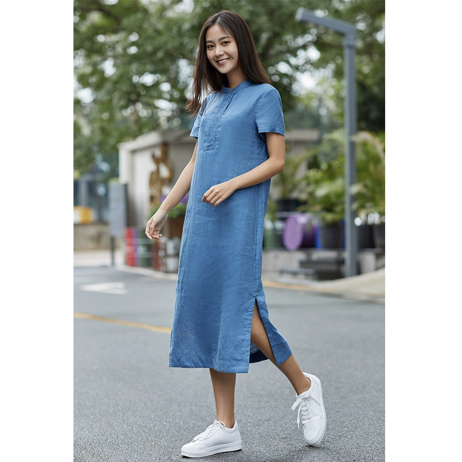 Женское приталенное длинное платье из хлопка и льна с китайской вышивкой, с коротким рукавом и вертикальным воротником, Новинка лета 2020