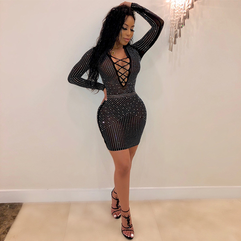 Amazon eBay nuevo 2020 mujeres europeas y americanas sexy malla rhinestone Correa vestido discoteca vestido H3237 image 2