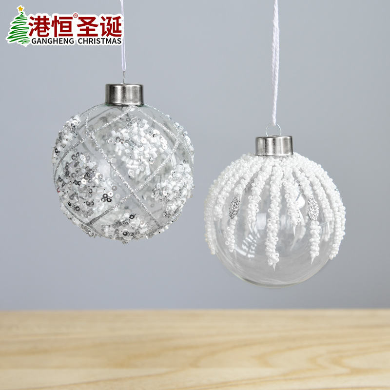 Bola de Navidad de cristal de 8 cm, transparente, para colgar, decoración navideña, bodas, perlas, lentejuelas, pintada, esmerilada