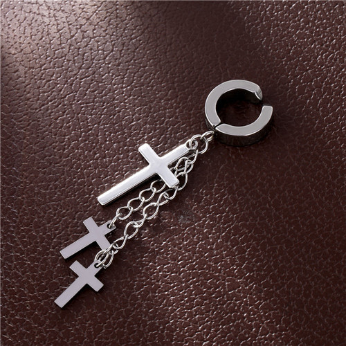 European and American personalized titanium steel three cross earrings ear clip chain tassel earrings jewelry accessories factory direct sales