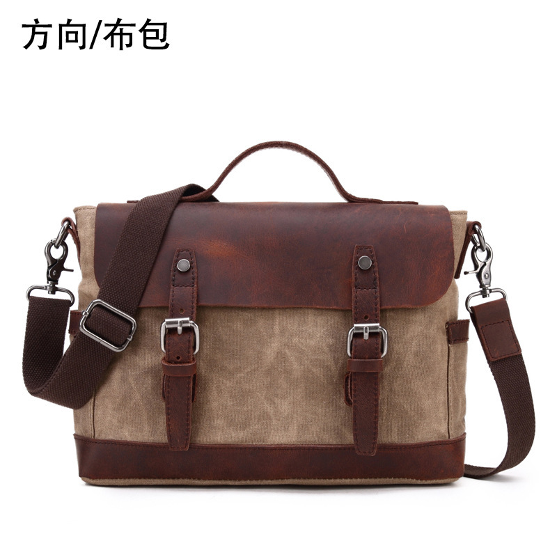 Retro Men's Bag Oil Wax Canvas Shoulder Bag Horizontal Style Men's and Women's Crossbody Bag Student Notebook School Bag Computer Messenger Bag