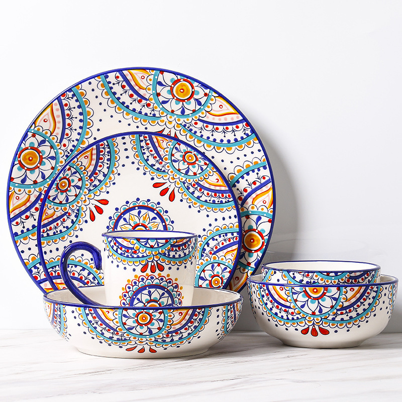 Mediterranean Plate Set Bowl and Plate Combination Ceramic Household Western Food Plate Dish Good-looking Plate Fruit Plate Deep Plate