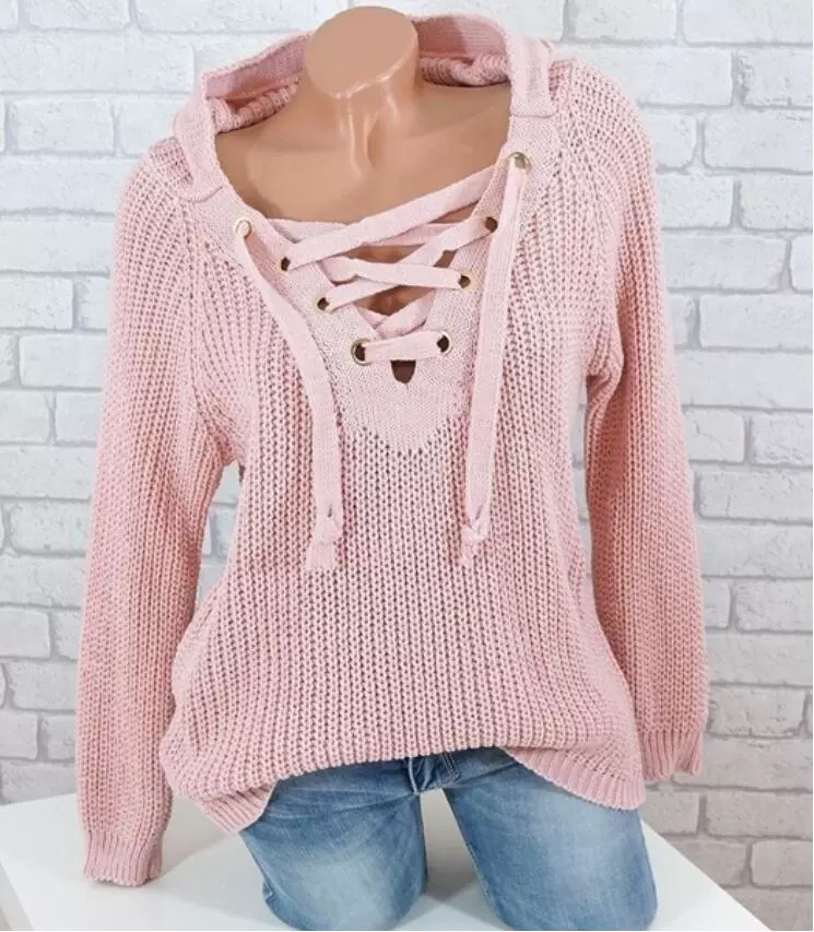 Demi-Season Knit Sweater (Women) Lace-Up V-Neck Hooded, Chunky Knit European Style