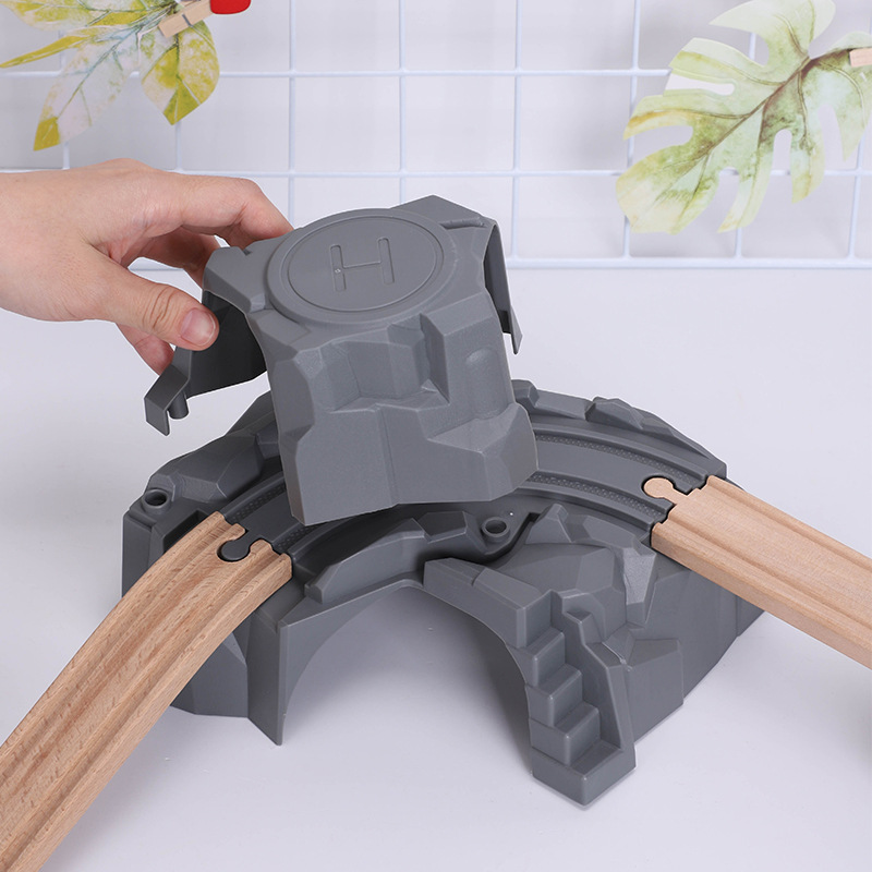 Acumulación de tren de madera para Niños Accesorios de pista de madera simulación túnel cueva doble capa juguete rico escena Accesorios